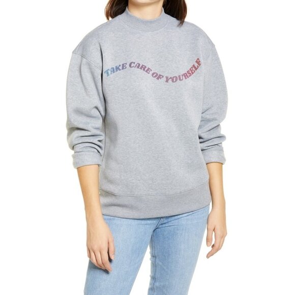 Bp Womens Gray Take Care of Yourself Mock Neck Graphic Sweatshirt - Picture 1 of 5